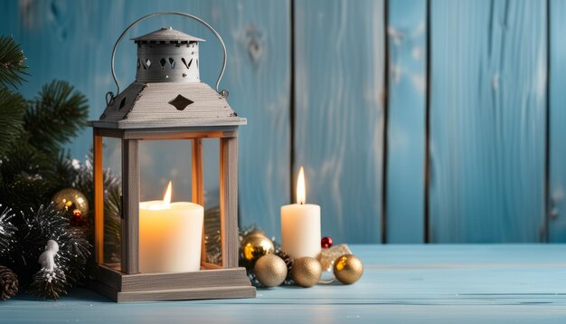 A table with candles and ornaments on it