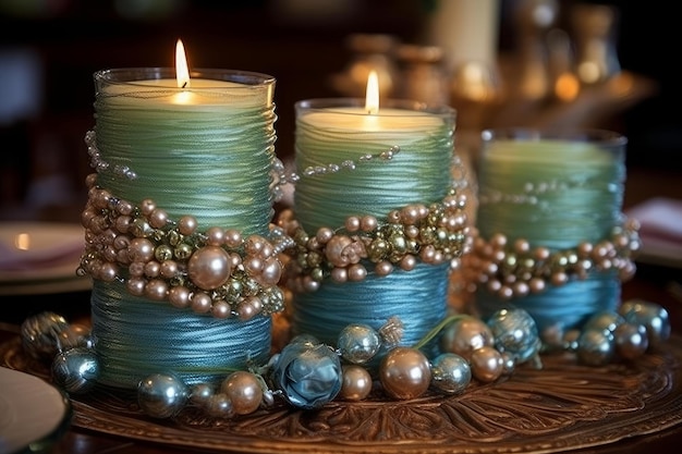 A table with candles and ornaments on it