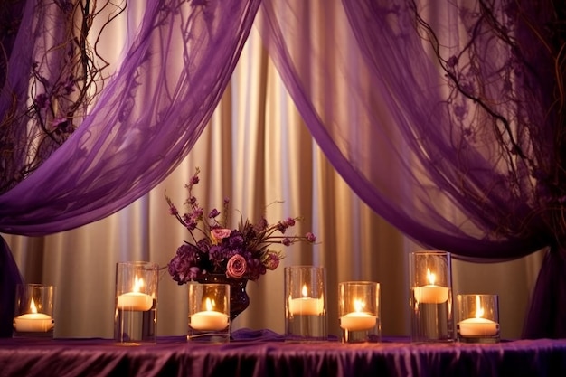 A table with candles and a purple curtain