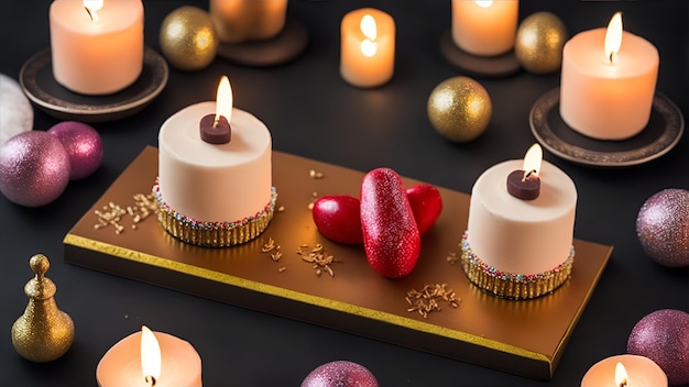 A table with candles and a red heart on it