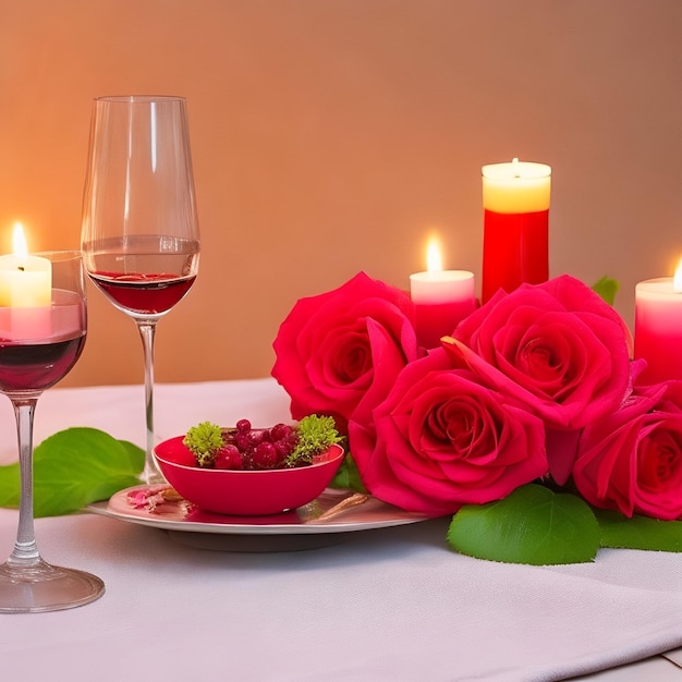 A table with candles, roses, and a plate of wine.