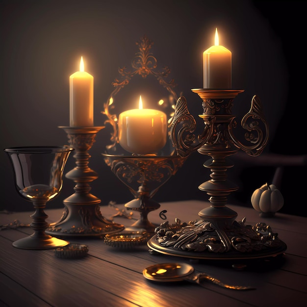 A table with candles and a silver candle holder with a gold candle on it.