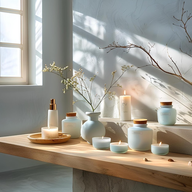 A table with candles and vases on it in front of a window with a tree branch in the background