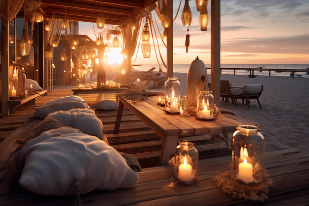 A table with candles and a view of the ocean at sunset