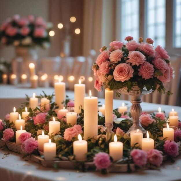 a table with a centerpiece of flowers and candles with a vase with flowers on it