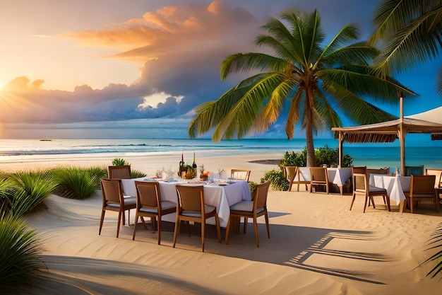 A table with chairs and a palm tree on the beach