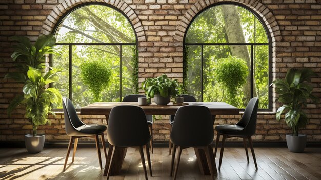 Photo a table with chairs and plants