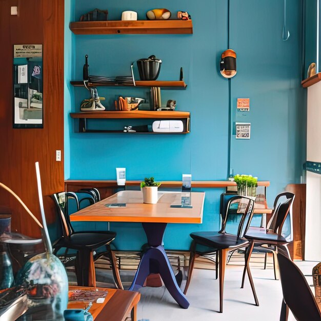 a table with chairs and a shelf with pots on it