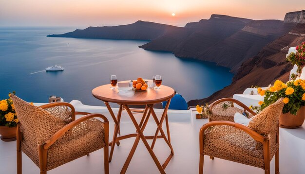 a table with chairs and a view of the ocean