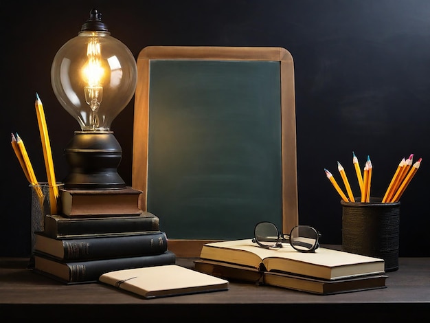 a table with a chalkboard and a lamp and pencils