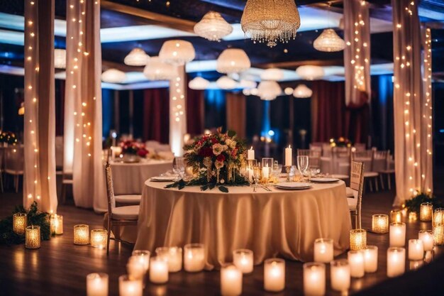 a table with a chandelier and many candles on it
