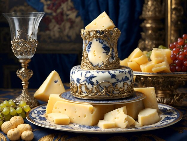 a table with cheese grapes and a wine glass