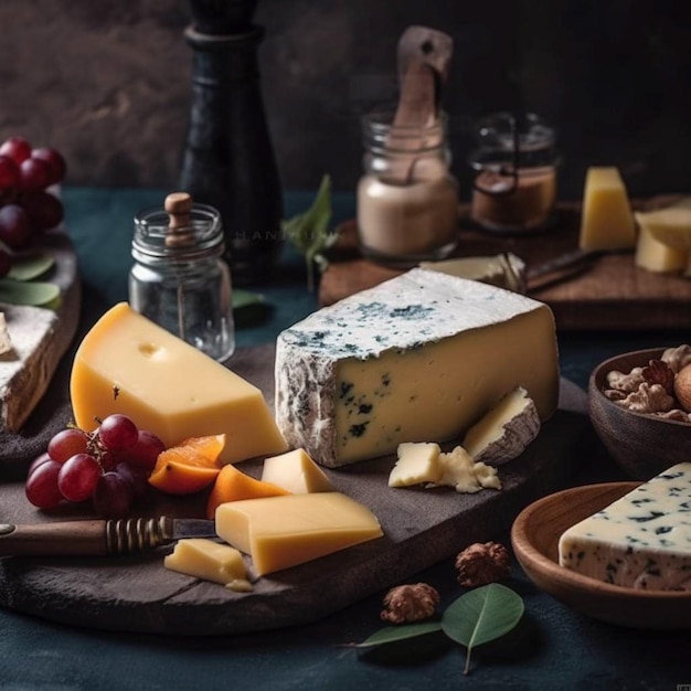 A table with cheeses, nuts, and nuts on it.