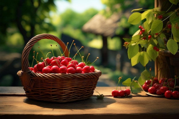 Table with a cherry filled wicker basket framed by a lush orchard