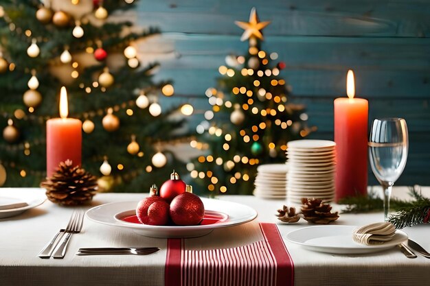 Foto un tavolo con un albero di natale e delle candele sopra