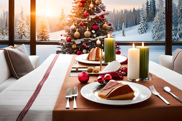 クリスマスツリーとクリスマスツリーを背景にしたテーブル