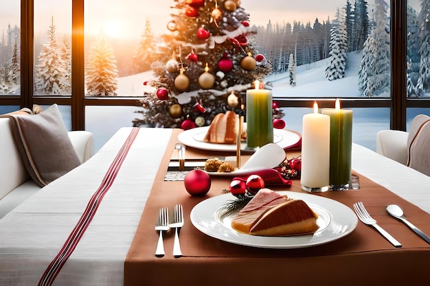 A table with a christmas tree and a christmas tree in the background