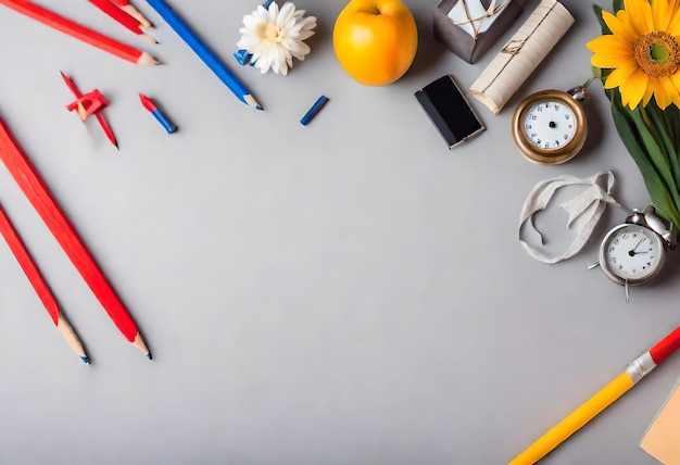 Photo a table with a clock pencils and other items on it