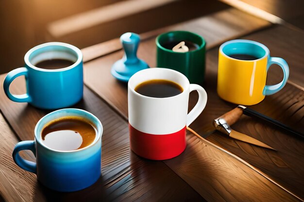 Photo a table with coffee mugs coffee and a few other mugs