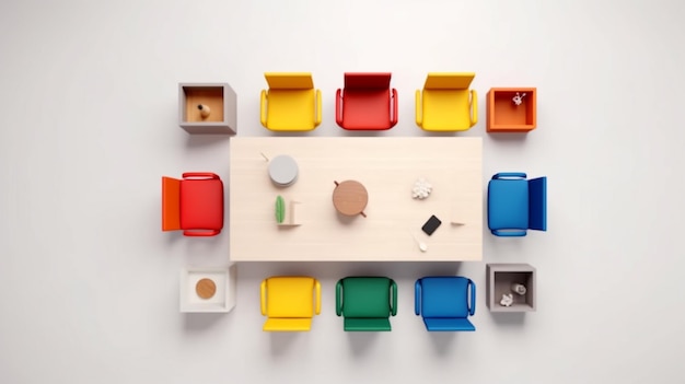 Стол с разноцветными стульями и стол с чайником на нем.