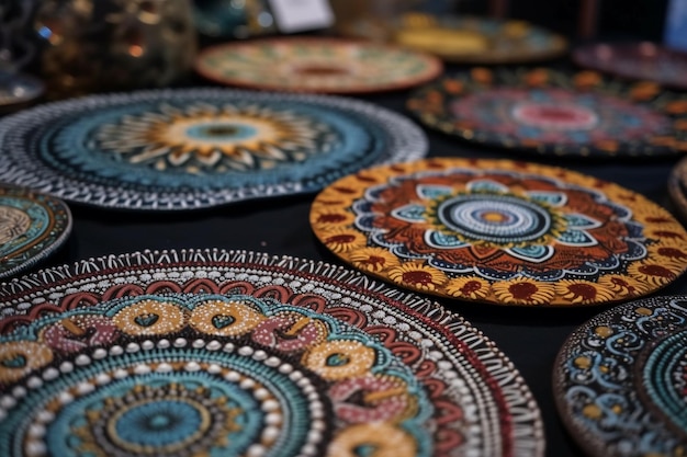 A table with colorful plates and a sign that says " the word " on it. "