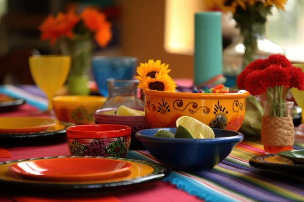 A table with a colorful tablecloth and bowls with a sunflower on it.