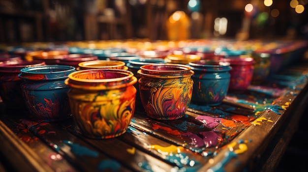 A table with colorful vases on it and the word " on the front.