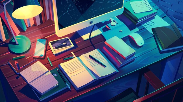 Table with computer and stationery in evening Cartoon modern desk with books notepads fashion magazine and mobile phone in light of a lamp Working or studying desk for business or study