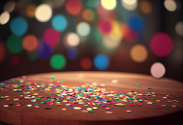 A table with confetti on it and a red and white light in the background.