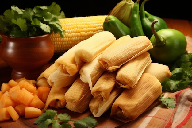 Photo a table with corn corn and corn on it