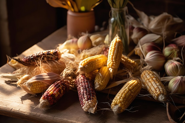 A table with corn on it and garlic on the side.