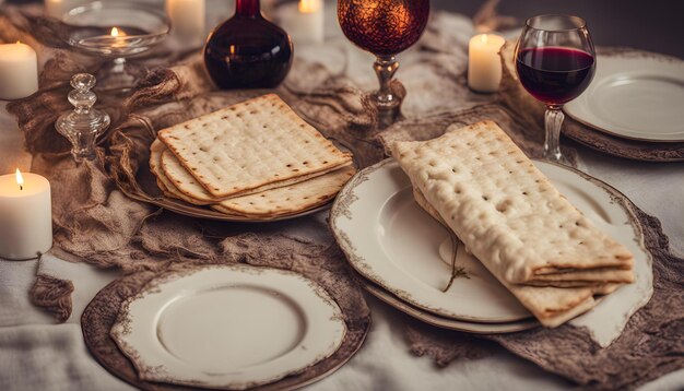 a table with crackers and crackers on it and a candle in the background