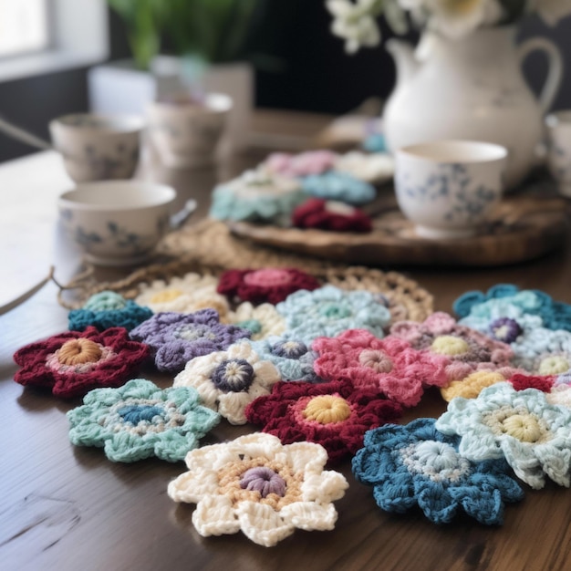 A table with crochet flowers on it and a cup of tea on the table.