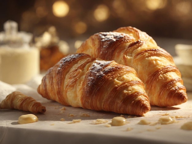 a table with a croissant and a cup of coffee.