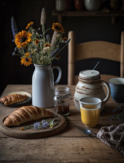 A table with a croissant and a cup