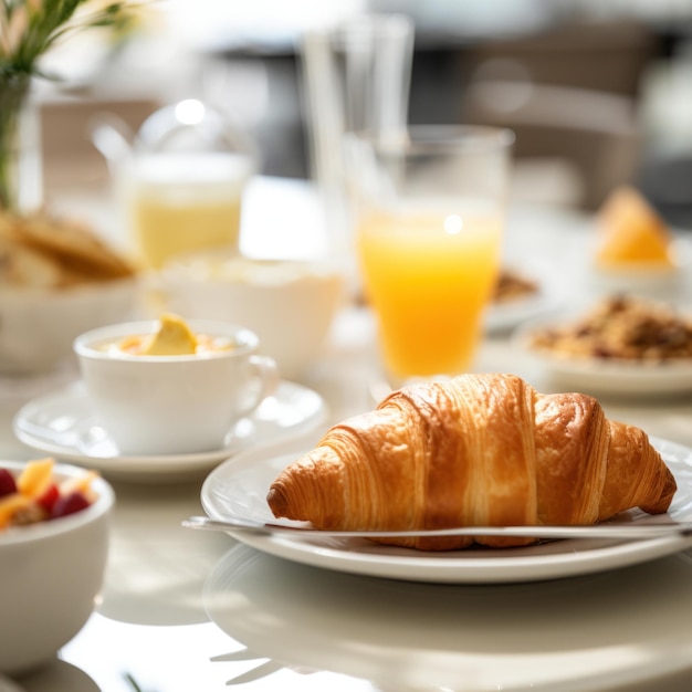 A table with croissants orange juice and other food ai