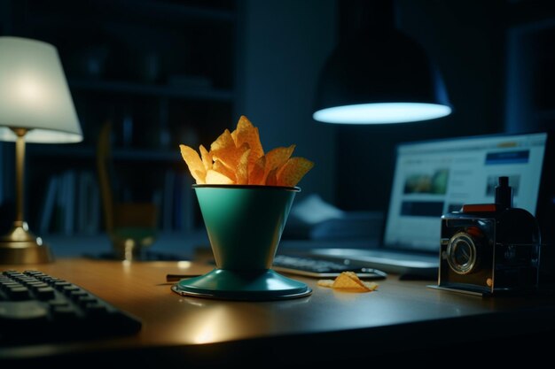 A table with a cup of chips and a clock on it