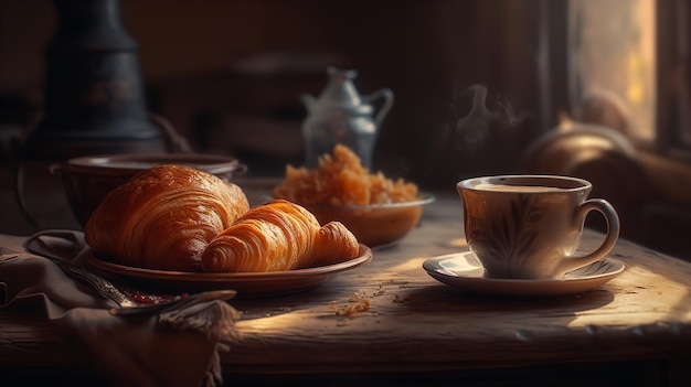 A table with a cup of coffee and croissants on it.