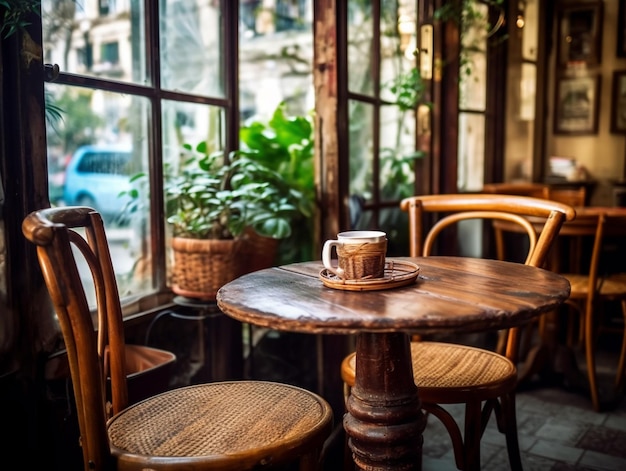 A table with a cup of coffee on it