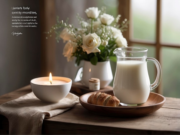 a table with a cup of milk and a croissant next to a candle