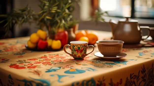 Table With Cup Saucer and Vase of Flowers