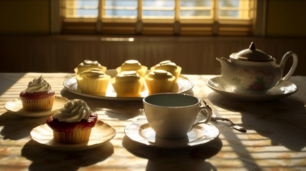 A table with cupcakes and a teapot with a view of the sea.