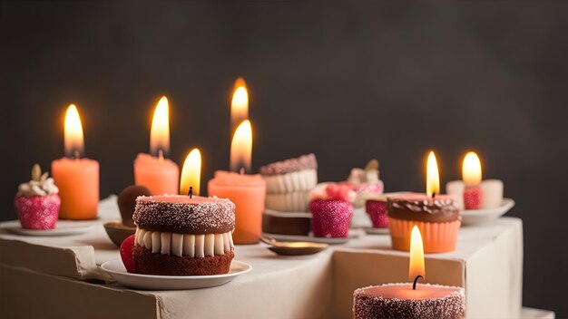 A table with cupcakes with candles on it