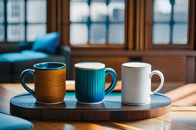 A table with cups and a blue coffee mug on it