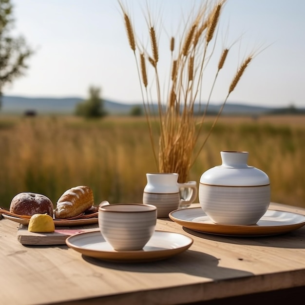 a table with cups and plates of food on it and a cup of coffee