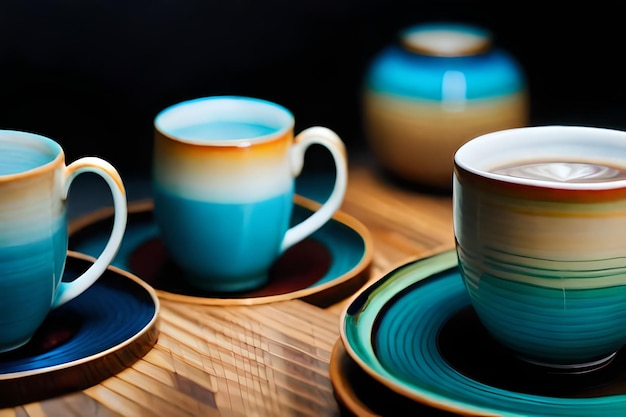 a table with cups and saucers with one that says " latte ".