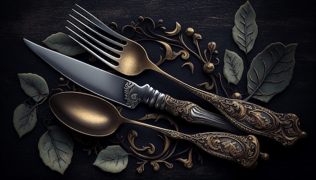 A table with cutlery and a gold fork on it