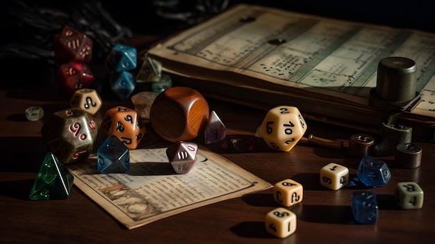 Photo a table with dice and a card that says the dice are on it.