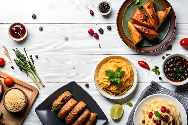 A table with different foods including spaghetti, pasta, and a bowl of spaghetti.