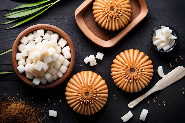 A table with different ingredients including sugar, sugar, and sugar.